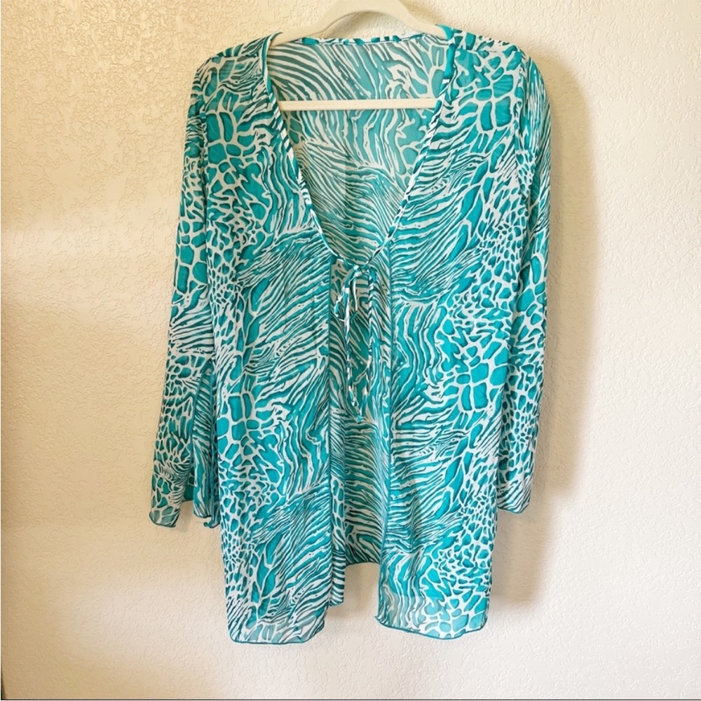 Turquoise Animal Print Sheer Swimsuit Coverup